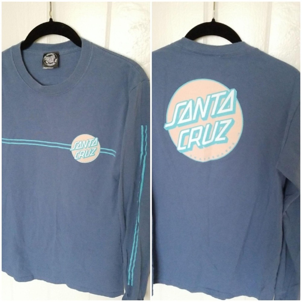 SANTA CRUZ Skateboards Spellout Logo T-Shirt Mens S Blue Cotton Long Sleeve